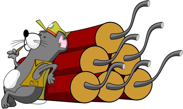 Cartoon of a mouse leaning on some dynamite