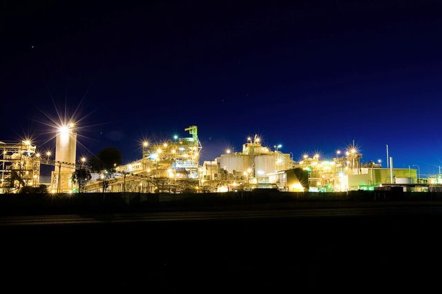 A process plant all lit up at night