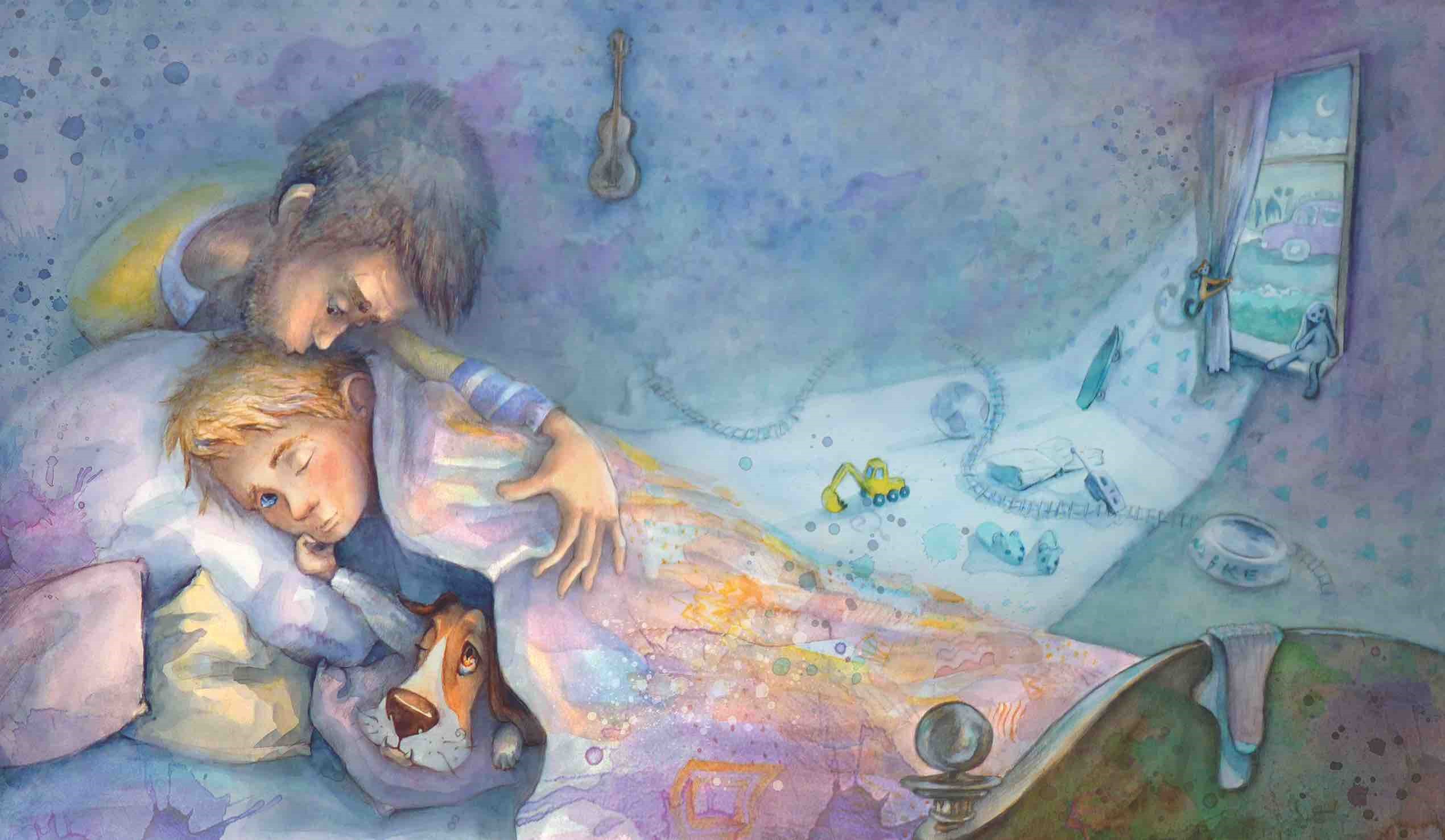 father-tuck-son-into-be-illustration.