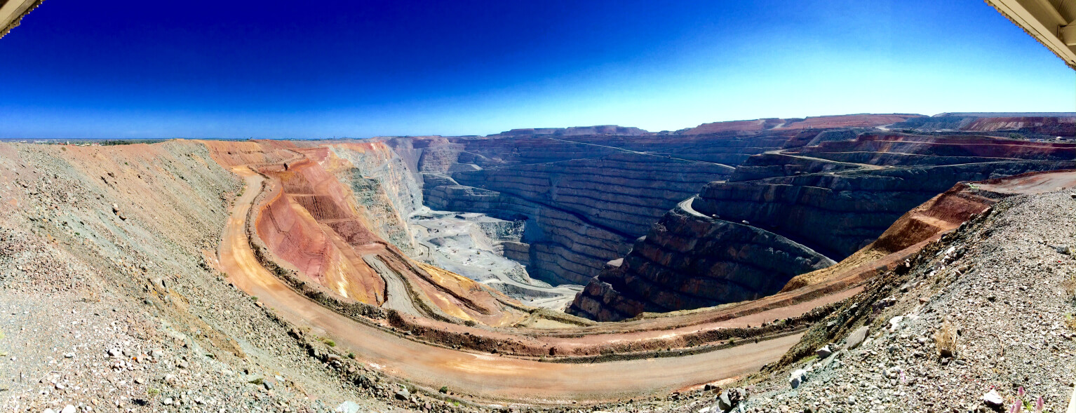 Wide angle view of an open pit mine