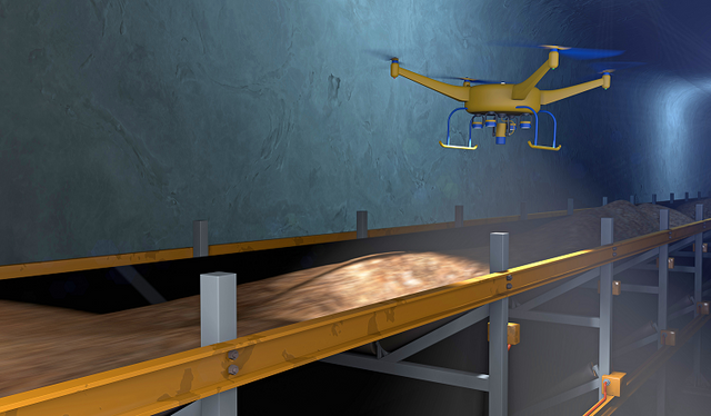 UAV drone inspecting a conveyor in an underground mine
